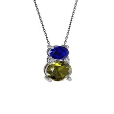 Lab safir, peridot ve swarovski 8 ayar beyaz altın kolye (40 cm gümüş rolo zincir)