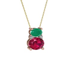 Kök zümrüt, rodolit garnet ve swarovski 925 ayar rose altın kaplama gümüş kolye (40 cm altın rolo zincir)
