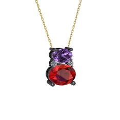 Ametist, garnet ve pırlanta 925 ayar siyah rodyum kaplama gümüş kolye (0.036 karat, 40 cm altın rolo zincir)
