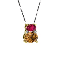 Rodolit garnet, dumanlı kuvars ve swarovski 18 ayar altın kolye (40 cm gümüş rolo zincir)