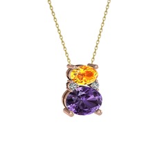 Sitrin, ametist ve swarovski 8 ayar rose altın kolye (40 cm altın rolo zincir)