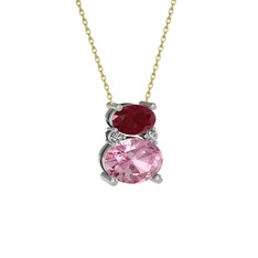 Kök yakut, pembe kuvars ve swarovski 8 ayar beyaz altın kolye (40 cm altın rolo zincir)