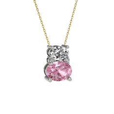 Swarovski ve pembe kuvars 14 ayar beyaz altın kolye (40 cm gümüş rolo zincir)