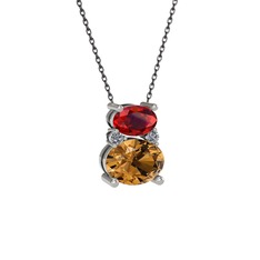 Garnet, dumanlı kuvars ve pırlanta 14 ayar beyaz altın kolye (0.036 karat, 40 cm gümüş rolo zincir)