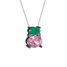 Thea Kolye - Kök zümrüt, pembe kuvars ve pırlanta 925 ayar siyah rodyum kaplama gümüş kolye (0.036 karat, 40 cm gümüş rolo zincir) #1r1brx0