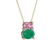Pembe kuvars, kök zümrüt ve swarovski 18 ayar rose altın kolye (40 cm altın rolo zincir)