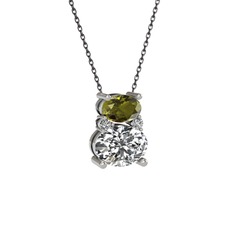 Peridot ve swarovski 18 ayar beyaz altın kolye (40 cm gümüş rolo zincir)