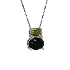 Peridot, siyah zirkon ve pırlanta 18 ayar beyaz altın kolye (0.036 karat, 40 cm gümüş rolo zincir)