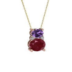 Ametist, kök yakut ve swarovski 18 ayar rose altın kolye (40 cm gümüş rolo zincir)