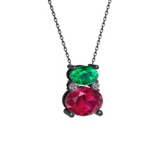 Thea Kolye - Yeşil kuvars, rodolit garnet ve pırlanta 925 ayar siyah rodyum kaplama gümüş kolye (0.036 karat, 40 cm gümüş rolo zincir) #1rur7s8