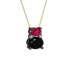 Thea Kolye - Rodolit garnet, siyah zirkon ve swarovski 925 ayar siyah rodyum kaplama gümüş kolye (40 cm altın rolo zincir) #1sdb8er