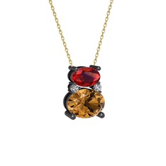 Garnet, dumanlı kuvars ve swarovski 925 ayar siyah rodyum kaplama gümüş kolye (40 cm altın rolo zincir)