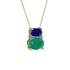Lab safir, kök zümrüt ve pırlanta 14 ayar altın kolye (0.036 karat, 40 cm gümüş rolo zincir)