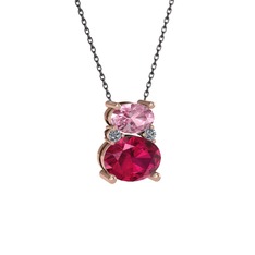 Thea Kolye - Pembe kuvars, rodolit garnet ve pırlanta 14 ayar rose altın kolye (0.036 karat, 40 cm gümüş rolo zincir) #1ulczgd