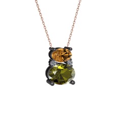 Dumanlı kuvars, peridot ve pırlanta 925 ayar siyah rodyum kaplama gümüş kolye (0.036 karat, 40 cm gümüş rolo zincir)