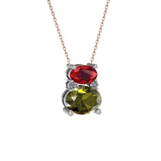 Garnet, peridot ve pırlanta 18 ayar beyaz altın kolye (0.036 karat, 40 cm rose altın rolo zincir)