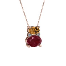Dumanlı kuvars, kök yakut ve pırlanta 8 ayar rose altın kolye (0.036 karat, 40 cm gümüş rolo zincir)