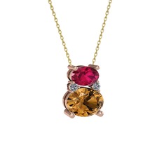 Rodolit garnet, dumanlı kuvars ve pırlanta 18 ayar rose altın kolye (0.036 karat, 40 cm gümüş rolo zincir)