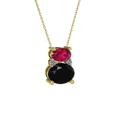 Rodolit garnet, siyah zirkon ve pırlanta 14 ayar altın kolye (0.036 karat, 40 cm altın rolo zincir)