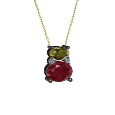 Thea Kolye - Peridot, kök yakut ve pırlanta 925 ayar siyah rodyum kaplama gümüş kolye (0.036 karat, 40 cm altın rolo zincir) #1vvqjqj