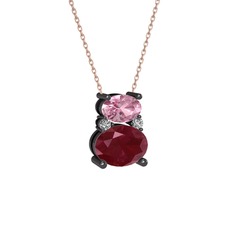 Thea Kolye - Pembe kuvars, kök yakut ve swarovski 925 ayar siyah rodyum kaplama gümüş kolye (40 cm gümüş rolo zincir) #1vvwple