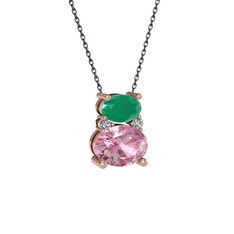 Kök zümrüt, pembe kuvars ve swarovski 8 ayar rose altın kolye (40 cm gümüş rolo zincir)