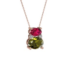Rodolit garnet, peridot ve swarovski 8 ayar rose altın kolye (40 cm gümüş rolo zincir)