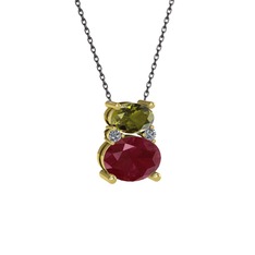 Thea Kolye - Peridot, kök yakut ve pırlanta 925 ayar altın kaplama gümüş kolye (0.036 karat, 40 cm gümüş rolo zincir) #1wezk60