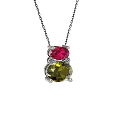 Rodolit garnet, peridot ve pırlanta 925 ayar gümüş kolye (0.036 karat, 40 cm gümüş rolo zincir)