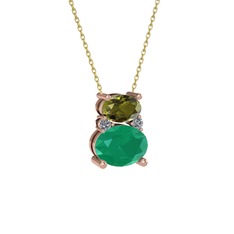 Peridot, kök zümrüt ve pırlanta 925 ayar rose altın kaplama gümüş kolye (0.036 karat, 40 cm altın rolo zincir)