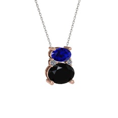 Lab safir, siyah zirkon ve pırlanta 925 ayar rose altın kaplama gümüş kolye (0.036 karat, 40 cm beyaz altın rolo zincir)