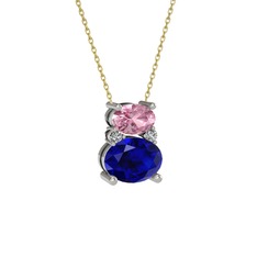 Thea Kolye - Pembe kuvars, lab safir ve swarovski 14 ayar beyaz altın kolye (40 cm altın rolo zincir) #1x1zetv
