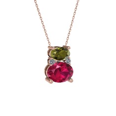 Thea Kolye - Peridot, rodolit garnet ve pırlanta 8 ayar rose altın kolye (0.036 karat, 40 cm rose altın rolo zincir) #1xofh3o