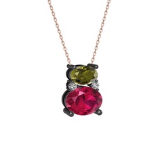 Thea Kolye - Peridot, rodolit garnet ve swarovski 925 ayar siyah rodyum kaplama gümüş kolye (40 cm rose altın rolo zincir) #1xojkj5