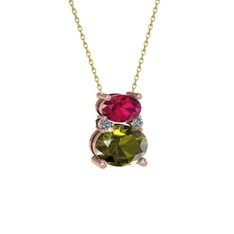 Thea Kolye - Rodolit garnet, peridot ve pırlanta 14 ayar rose altın kolye (0.036 karat, 40 cm altın rolo zincir) #1yr32nf