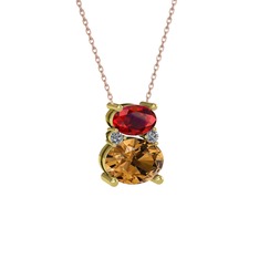 Garnet, dumanlı kuvars ve pırlanta 925 ayar altın kaplama gümüş kolye (0.036 karat, 40 cm gümüş rolo zincir)