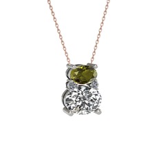 Peridot, swarovski ve pırlanta 18 ayar beyaz altın kolye (0.036 karat, 40 cm gümüş rolo zincir)