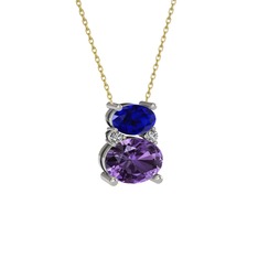 Lab safir, ametist ve swarovski 14 ayar beyaz altın kolye (40 cm altın rolo zincir)