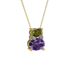 Peridot, ametist ve pırlanta 8 ayar altın kolye (0.036 karat, 40 cm altın rolo zincir)