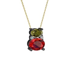 Thea Kolye - Peridot, garnet ve swarovski 925 ayar siyah rodyum kaplama gümüş kolye (40 cm altın rolo zincir) #4hevlr