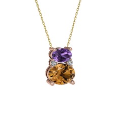 Ametist, dumanlı kuvars ve swarovski 18 ayar rose altın kolye (40 cm gümüş rolo zincir)