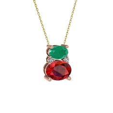 Kök zümrüt, garnet ve swarovski 925 ayar rose altın kaplama gümüş kolye (40 cm gümüş rolo zincir)