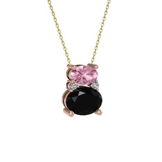 Thea Kolye - Pembe kuvars, siyah zirkon ve swarovski 18 ayar rose altın kolye (40 cm gümüş rolo zincir) #5r92lu