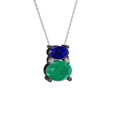 Lab safir, kök zümrüt ve swarovski 925 ayar siyah rodyum kaplama gümüş kolye (40 cm gümüş rolo zincir)