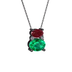 Thea Kolye - Kök yakut, yeşil kuvars ve pırlanta 925 ayar siyah rodyum kaplama gümüş kolye (0.036 karat, 40 cm gümüş rolo zincir) #6fcah0