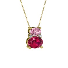 Pembe kuvars, rodolit garnet ve swarovski 8 ayar altın kolye (40 cm altın rolo zincir)