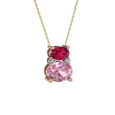 Rodolit garnet, pembe kuvars ve swarovski 18 ayar rose altın kolye (40 cm altın rolo zincir)