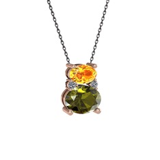Sitrin, peridot ve pırlanta 8 ayar rose altın kolye (0.036 karat, 40 cm gümüş rolo zincir)