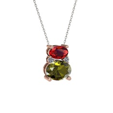 Thea Kolye - Garnet, peridot ve pırlanta 18 ayar rose altın kolye (0.036 karat, 40 cm beyaz altın rolo zincir) #7db577