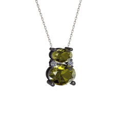 Peridot ve pırlanta 925 ayar siyah rodyum kaplama gümüş kolye (0.036 karat, 40 cm beyaz altın rolo zincir)